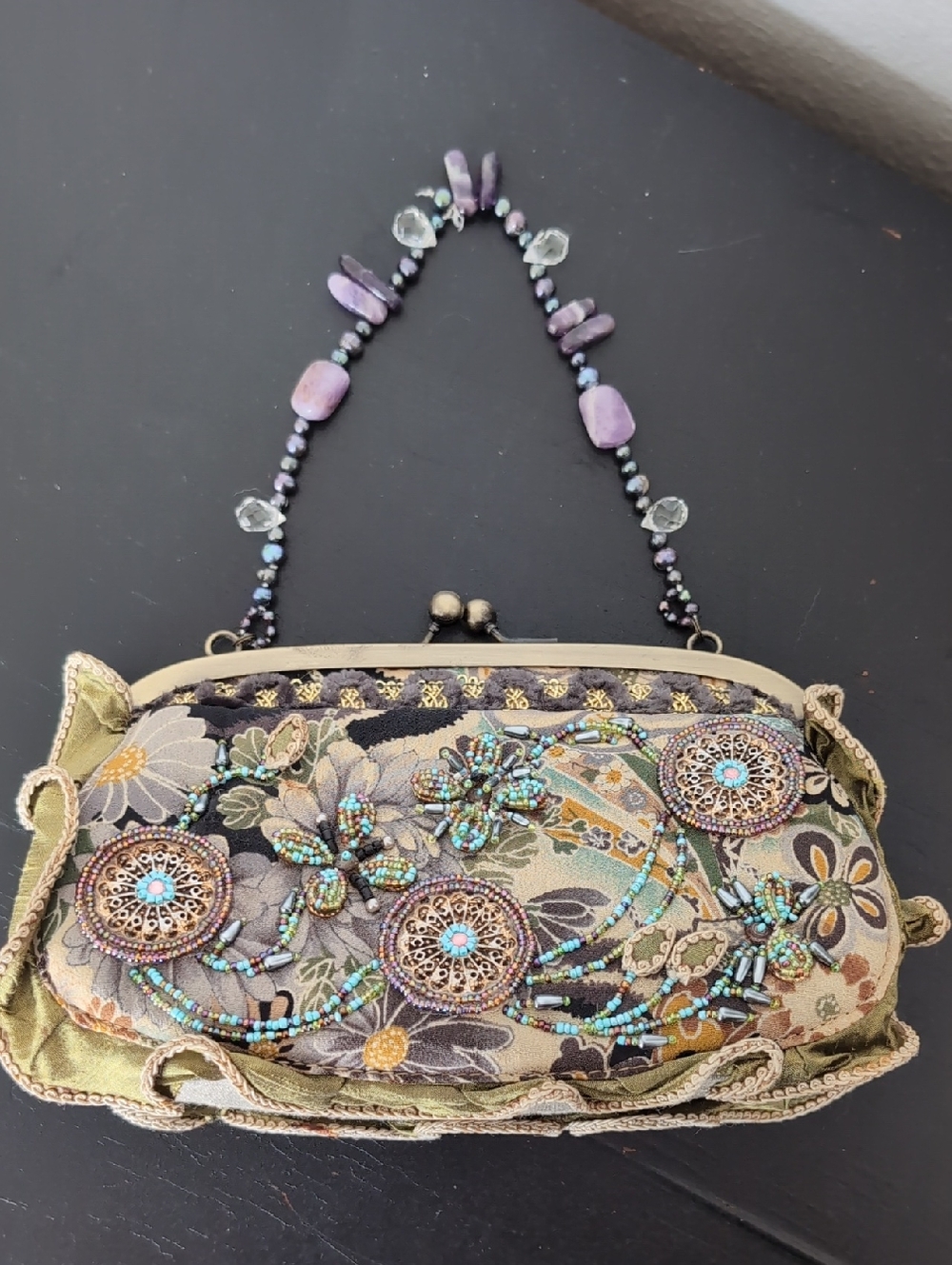 Vintage Mary Frances, Embroidered Beaded Floral Clasp Handbag - Purple/Green